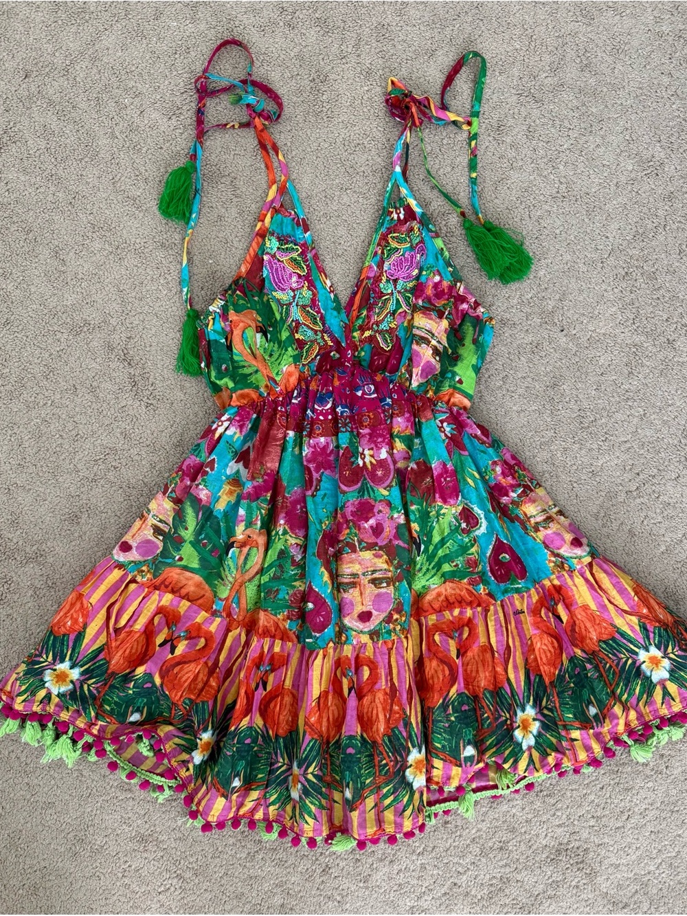 Antica Sartoria 100% Cotton Vibrant Tropical Print Mini Dress Beading